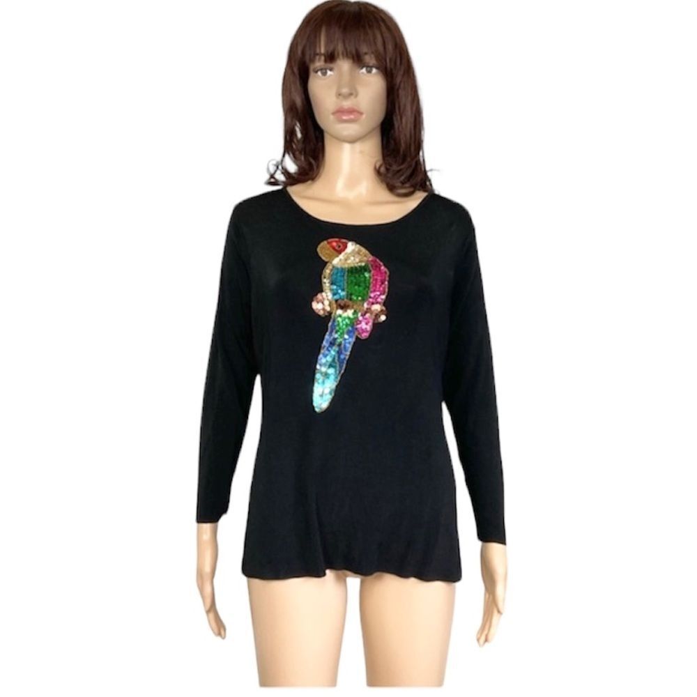 Sweaterworks Vintage Black Rayon Knit Sequin Multicolor Parrot Sweater XL